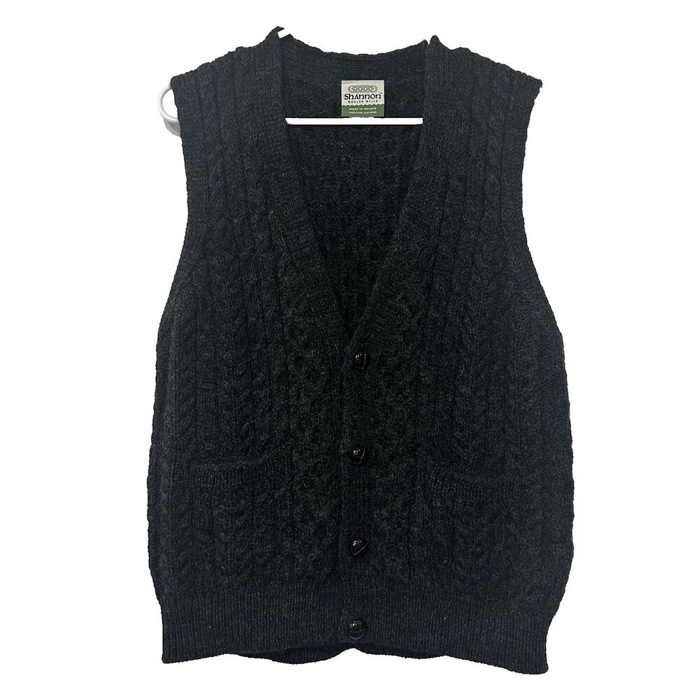 Shannon Woolen Mills Wool Sweater Vest Gray Cable Knit Irish Fisherman Medium